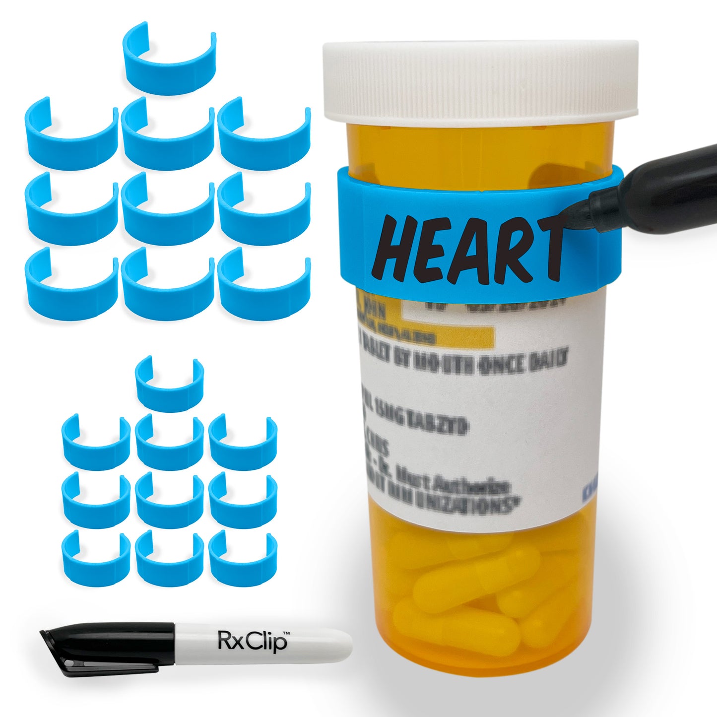 RxClip 20 Pack Medicine Bottle Label Clips for Easy Medication Identification - Blue 20ct Multipack with Marker