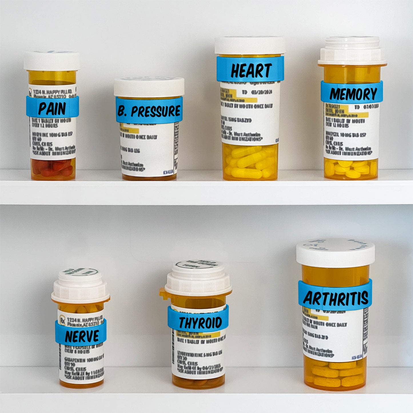 RxClip 20 Pack Medicine Bottle Label Clips for Easy Medication Identification - Blue 20ct Multipack with Marker