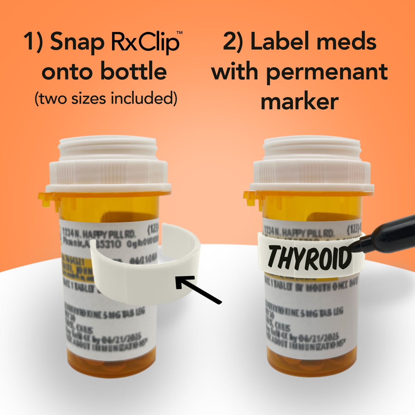 RxClip 20 Pack Medicine Bottle Label Clips for Easy Medication Identification - White 20ct Multipack with Marker