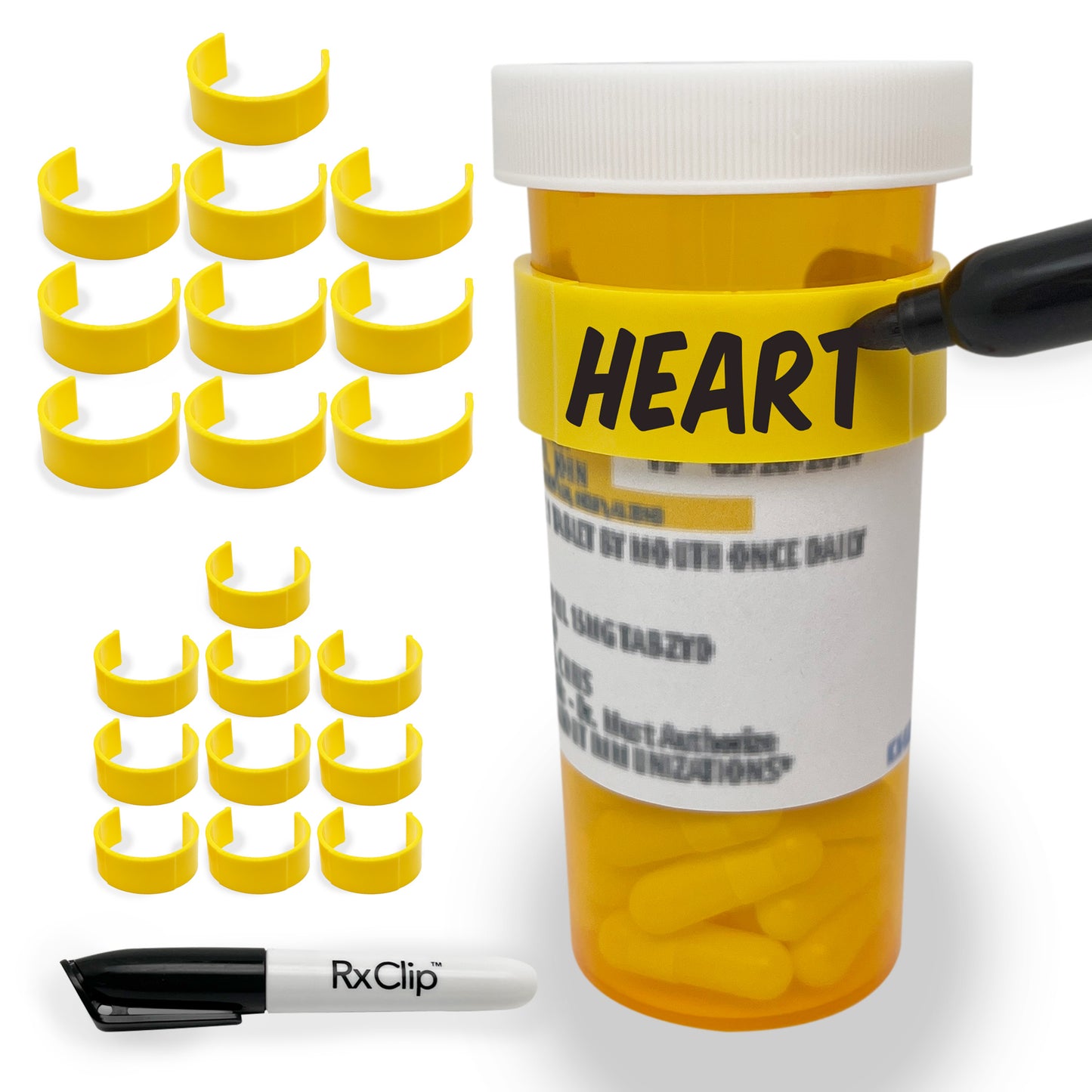 RxClip 20 Pack Medicine Bottle Label Clips for Easy Medication Identification - Yellow 20ct Multipack with Marker