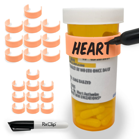 RxClip 20 Pack Medicine Bottle Label Clips for Easy Medication Identification - Peach 20ct Multipack with Marker