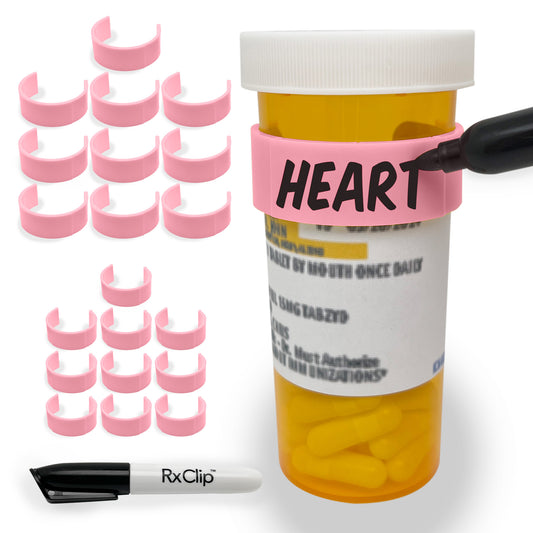 RxClip 20 Pack Medicine Bottle Label Clips for Easy Medication Identification - Pink 20ct Multipack with Marker