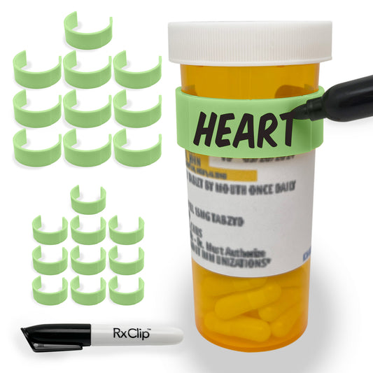 RxClip 20 Pack Medicine Bottle Label Clips for Easy Medication Identification - Pistachio 20ct Multipack with Marker
