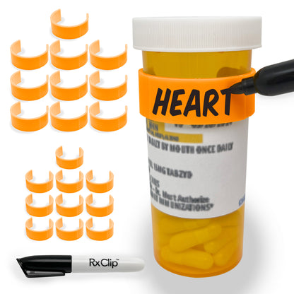 RxClip 20 Pack Medicine Bottle Label Clips for Easy Medication Identification - Tangerine 20ct Multipack with Marker