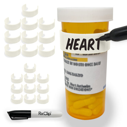 RxClip 20 Pack Medicine Bottle Label Clips for Easy Medication Identification - White 20ct Multipack with Marker