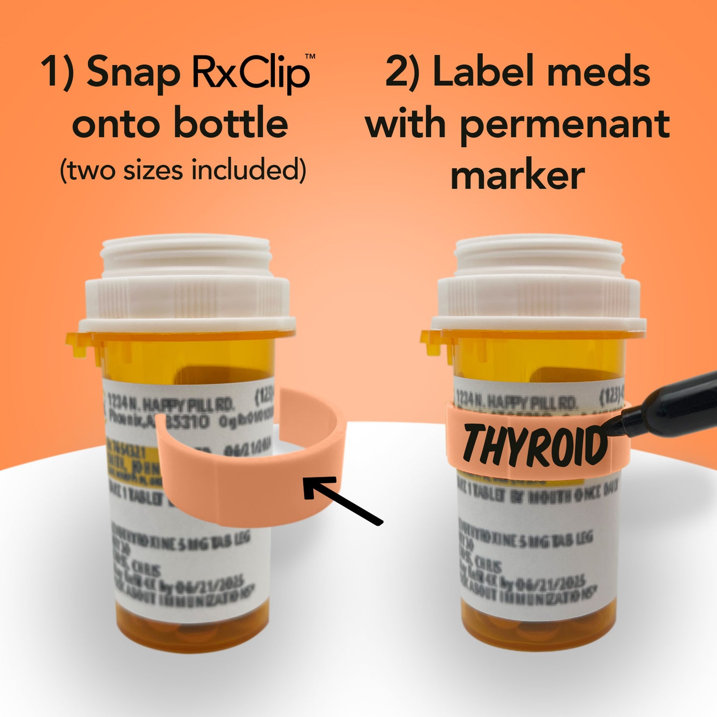 RxClip 20 Pack Medicine Bottle Label Clips for Easy Medication Identification - Peach 20ct Multipack with Marker
