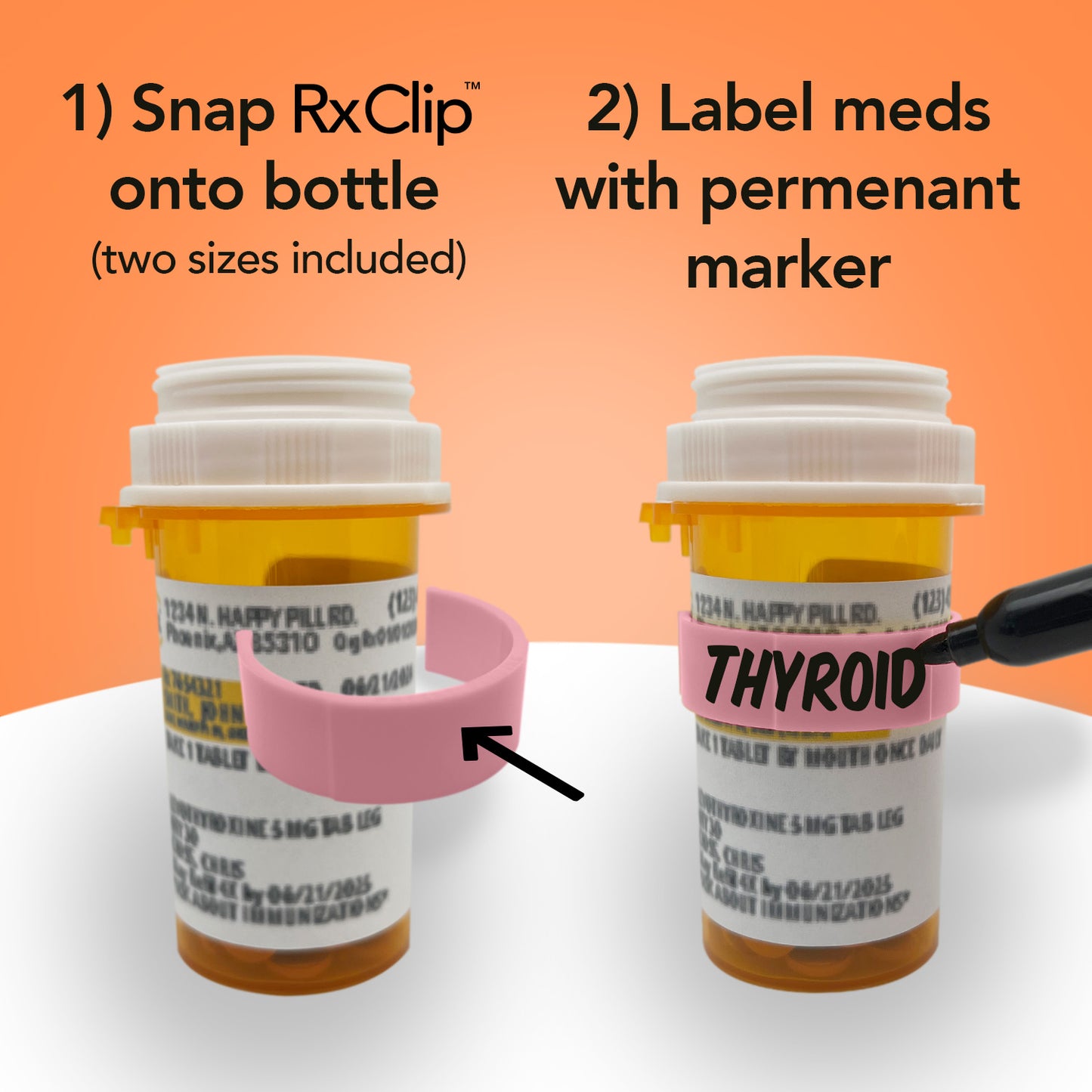 RxClip 20 Pack Medicine Bottle Label Clips for Easy Medication Identification - Pink 20ct Multipack with Marker