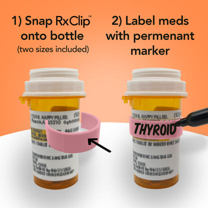 RxClip 20 Pack Medicine Bottle Label Clips for Easy Medication Identification - Pink 20ct Multipack with Marker
