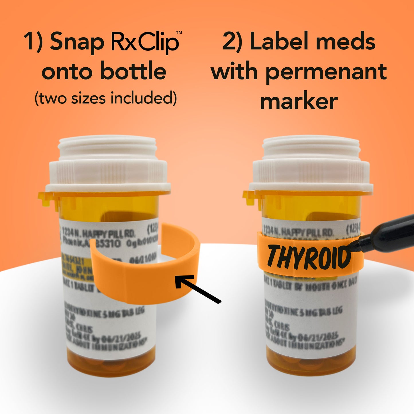 RxClip 20 Pack Medicine Bottle Label Clips for Easy Medication Identification - Tangerine 20ct Multipack with Marker